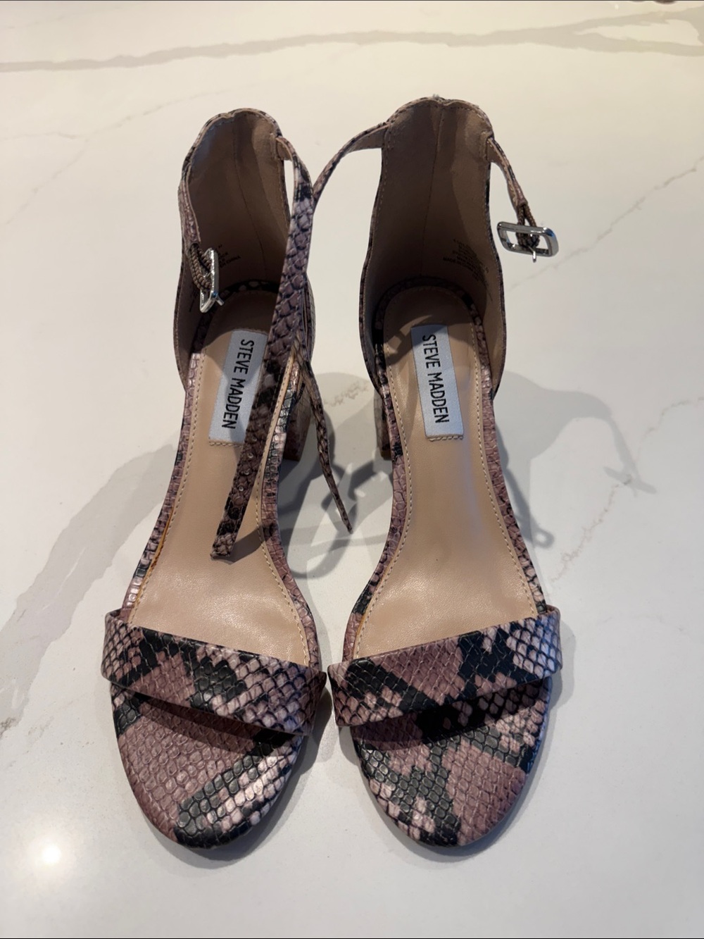 Steve Madden light brown/black Snake-Print Ankle Strap Heels